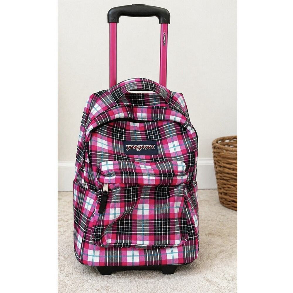 JanSport Driver 8 Rolling Backpack Pink Plaid Wheeled School Travel Bag